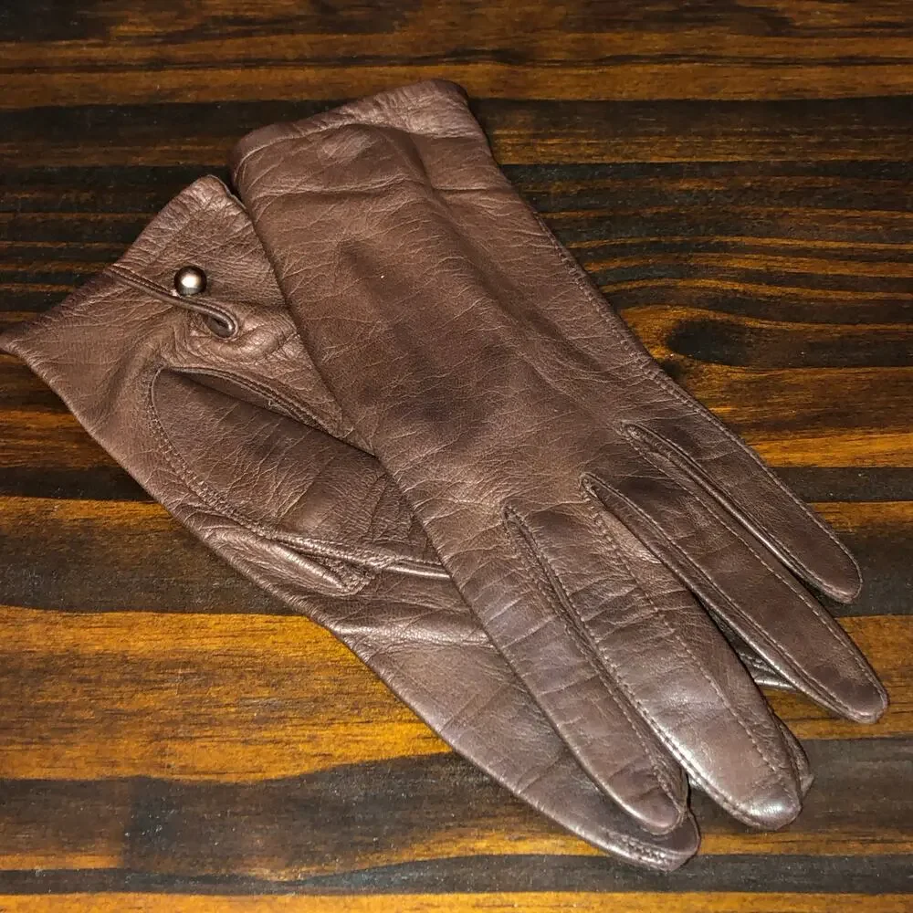 Vintage Van Raalte 100% Silk Brown Short Pair of Gloves Button Closure Formal